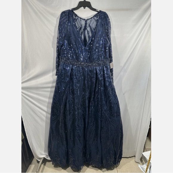 NWT $598 Mac Duggal [ 18 ] Damask Sequin Long‎ Sleeve Gown in Midnight Blue - Picture 8 of 16